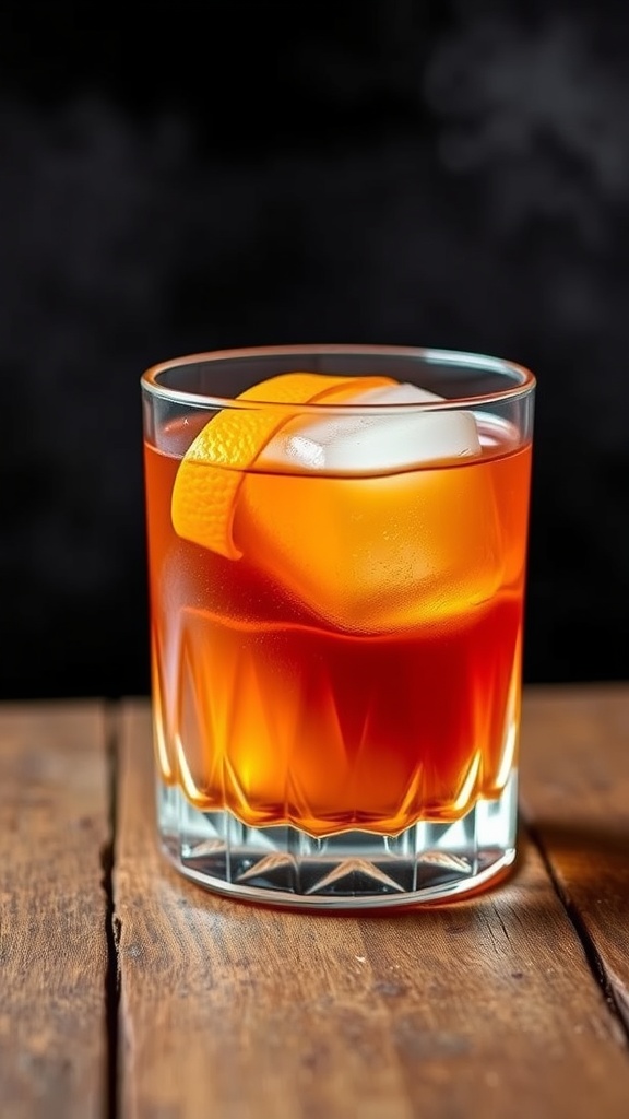 A Smoky Maple Old Fashioned cocktail in a rocks glass with an orange twist, presented on a wooden table.